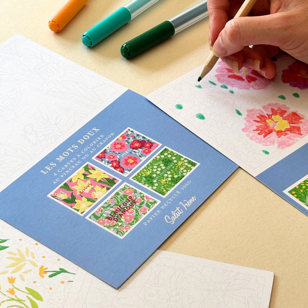 Cartes postales à colorier + enveloppes - Les mots doux | 4 cartes