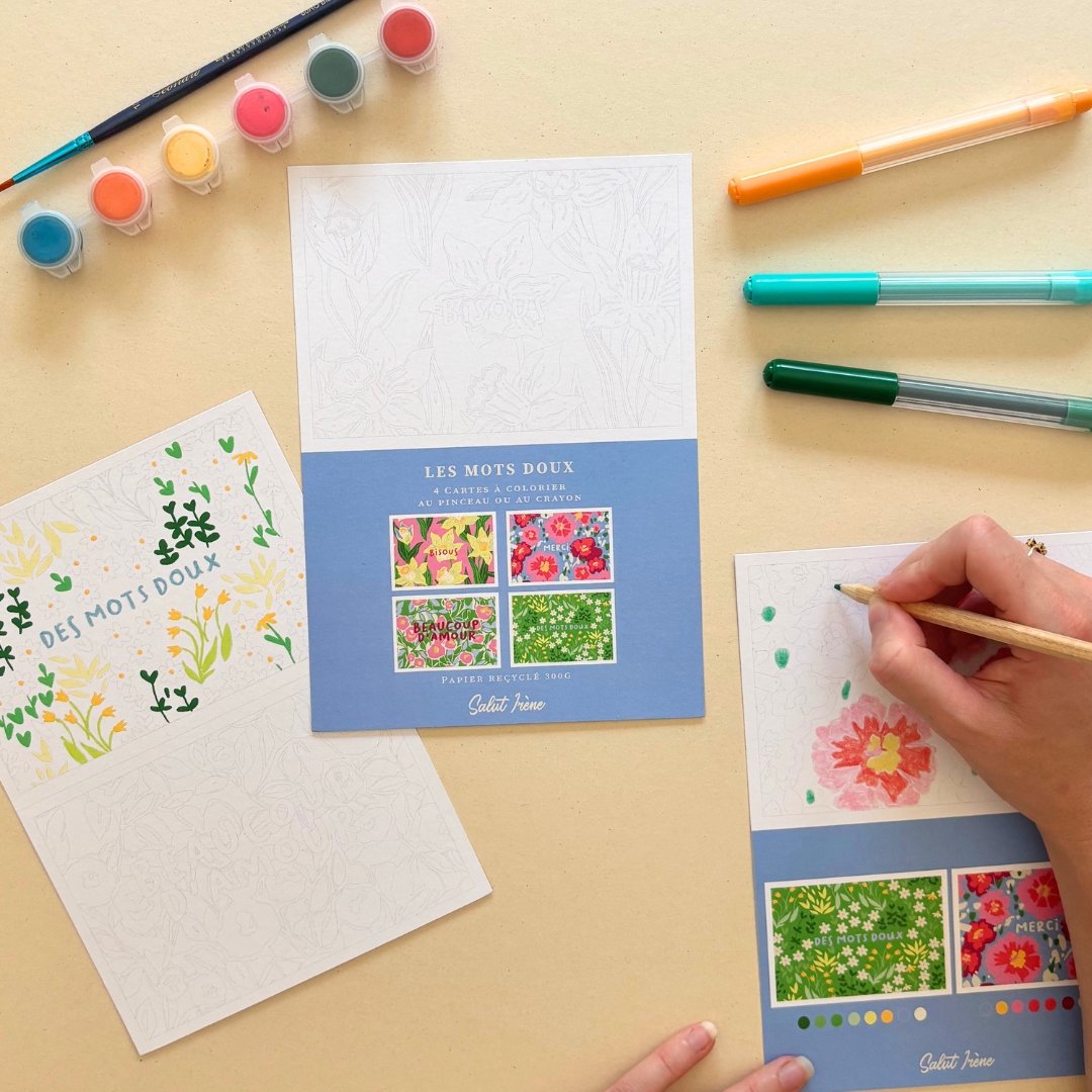 Cartes postales à colorier + enveloppes - Les mots doux | 4 cartes