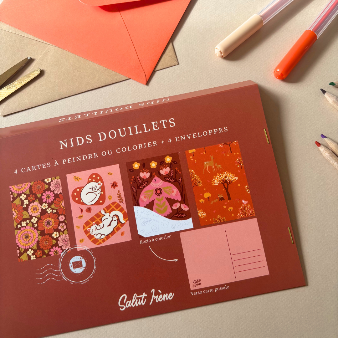 Cartes postales à colorier + enveloppes - Nids douillets | 4 cartes