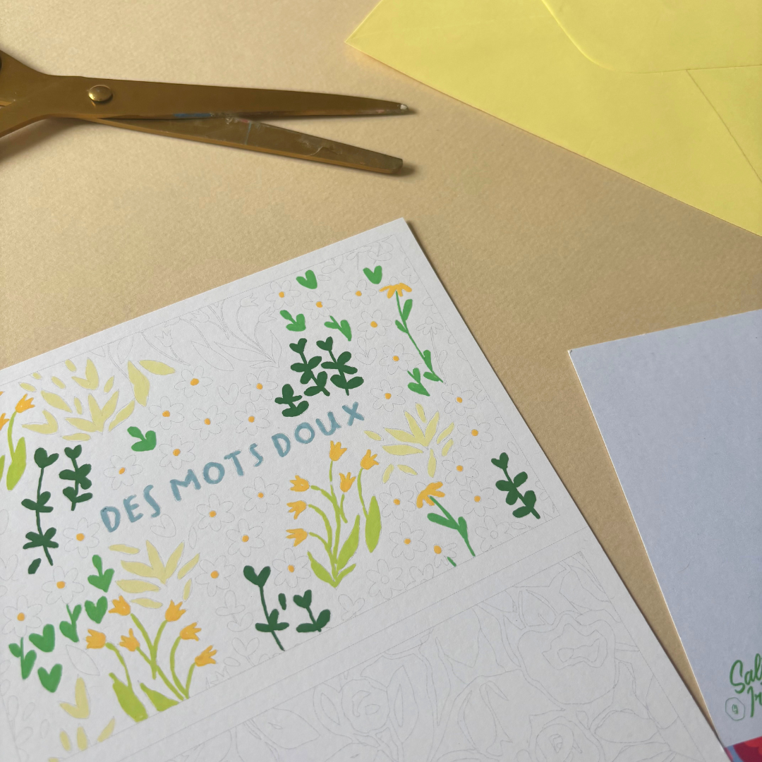Cartes postales à colorier + enveloppes - Les mots doux | 4 cartes