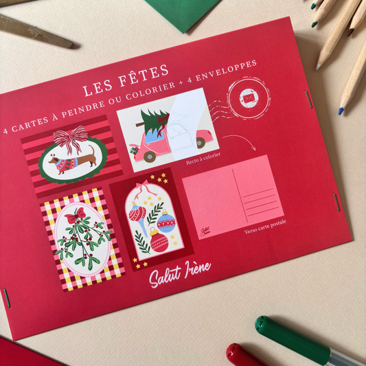 Cartes postales à colorier + enveloppes - Les fêtes | 4 cartes