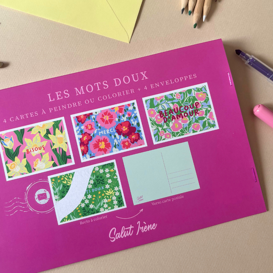 Cartes postales à colorier + enveloppes - Les mots doux | 4 cartes