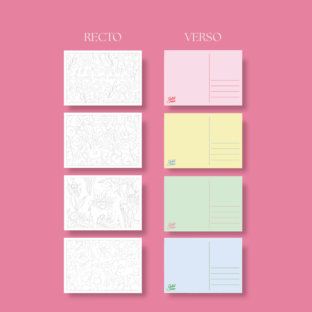 Cartes postales à colorier + enveloppes - Les mots doux | 4 cartes