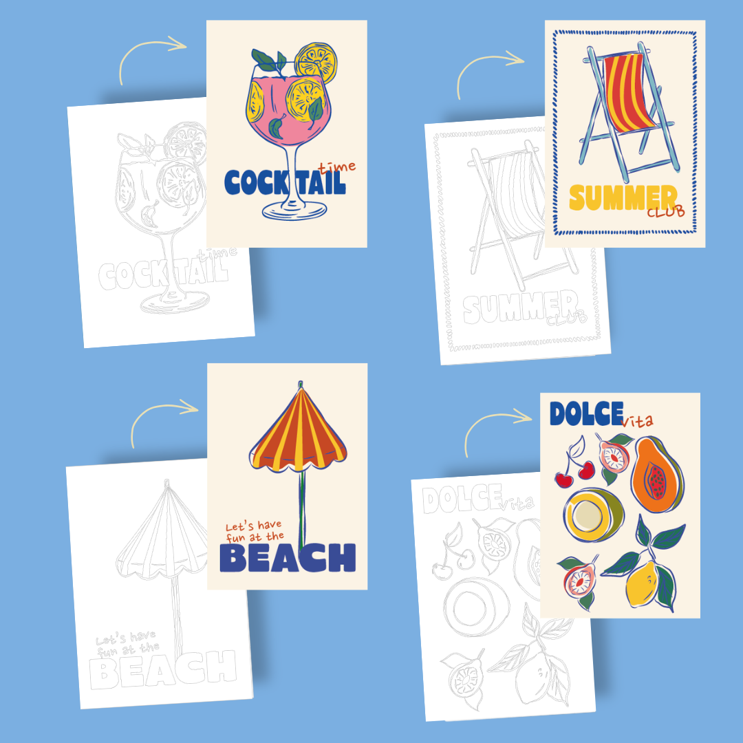 Cartes postales à colorier + enveloppes - Summer club | 4 cartes