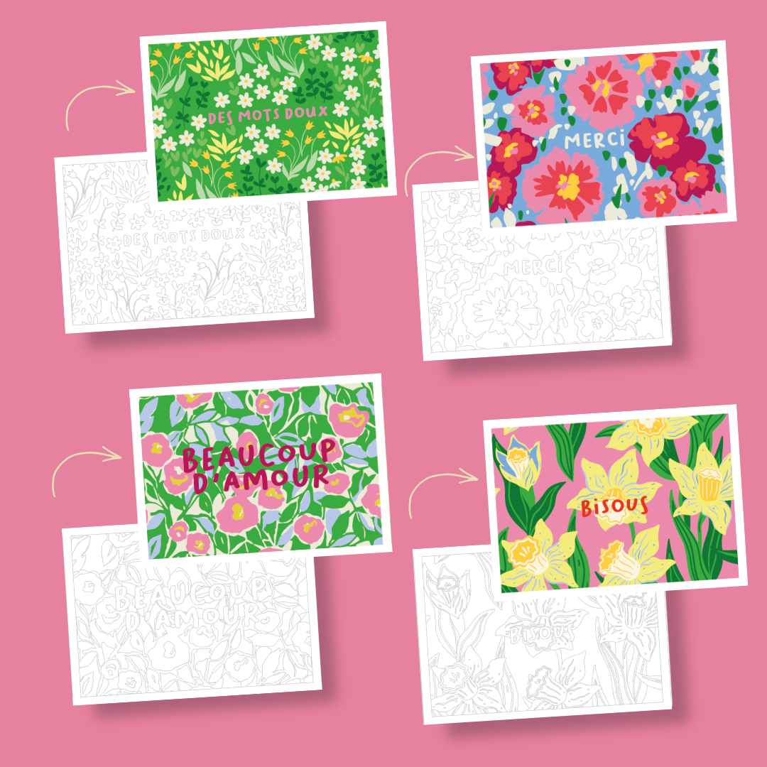 Cartes postales à colorier + enveloppes - Les mots doux | 4 cartes
