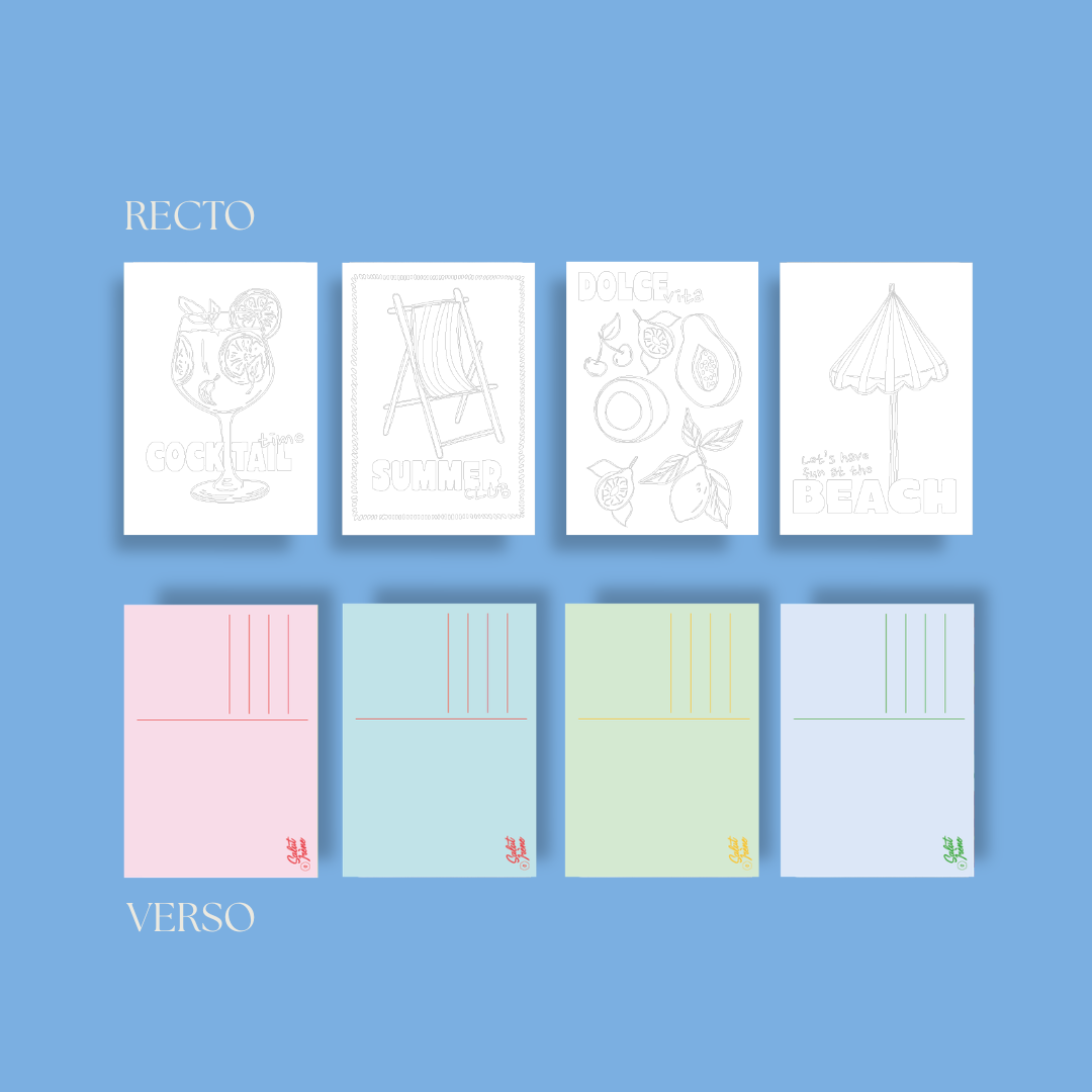 Cartes postales à colorier + enveloppes - Summer club | 4 cartes