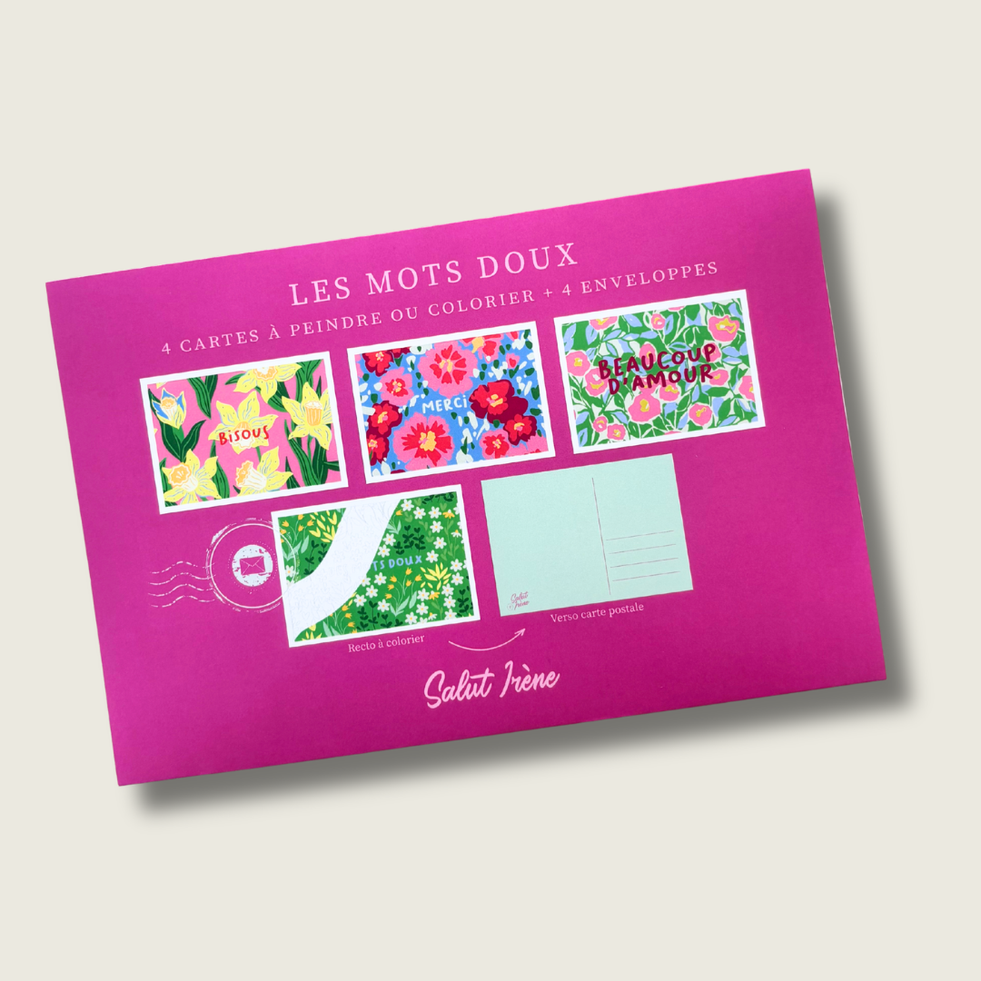 Cartes postales à colorier + enveloppes - Les mots doux | 4 cartes