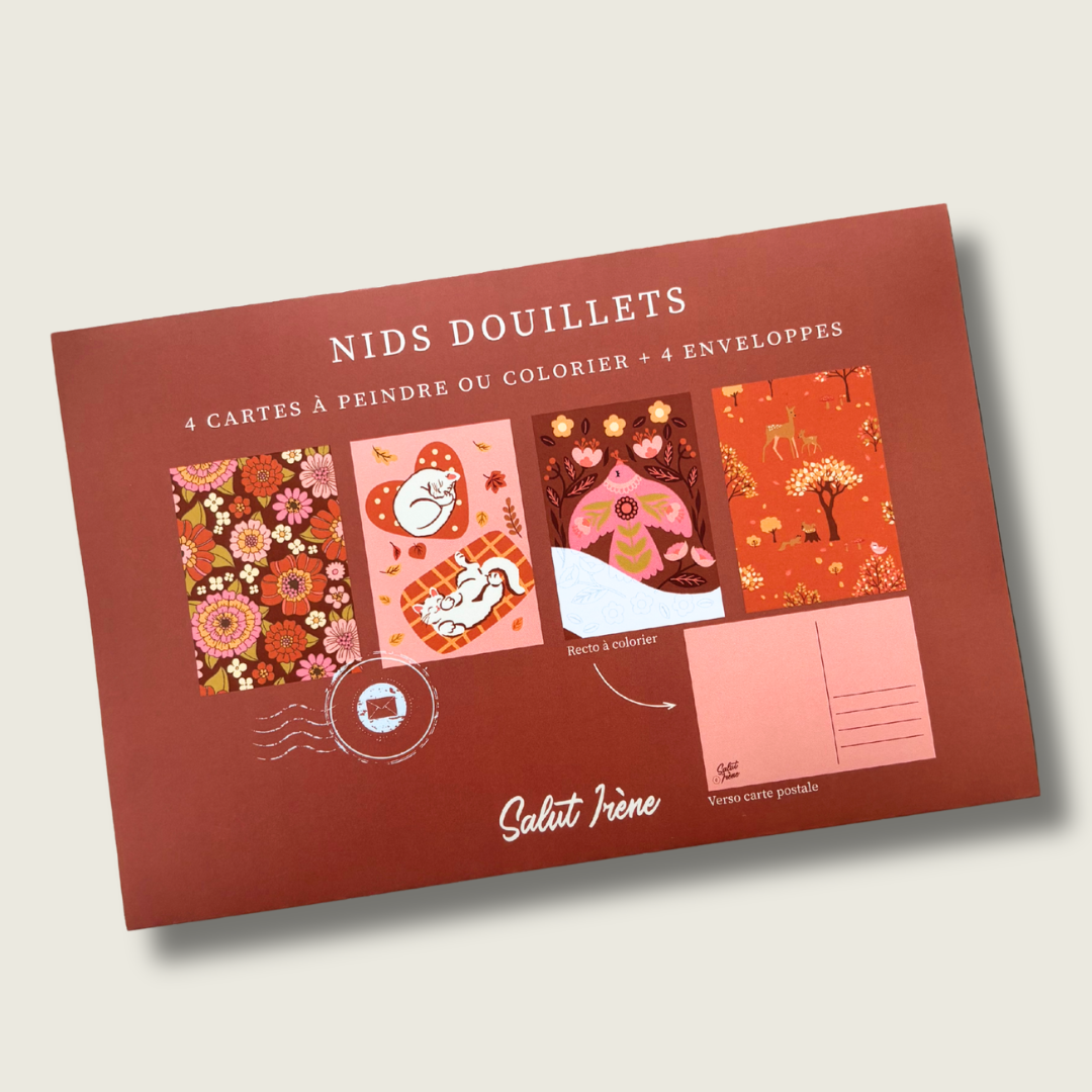 Cartes postales à colorier + enveloppes - Nids douillets | 4 cartes