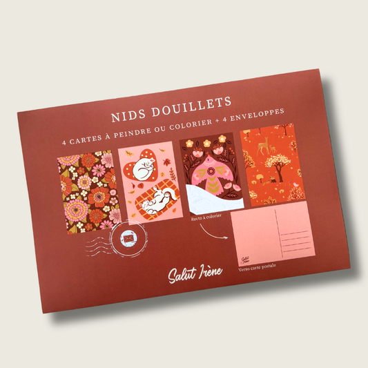 Cartes postales à colorier + enveloppes - Nids douillets | 4 cartes