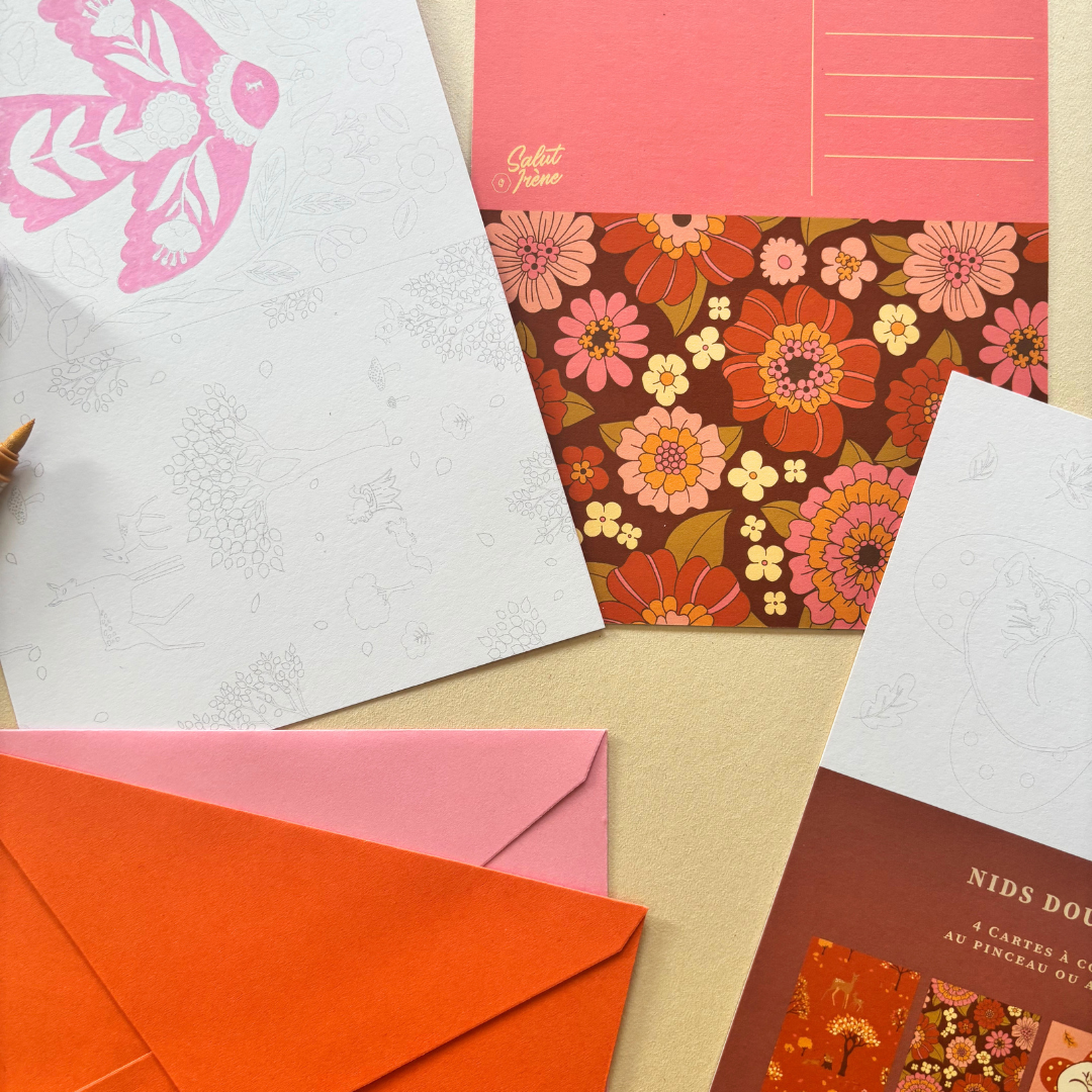 Cartes postales à colorier + enveloppes - Nids douillets | 4 cartes